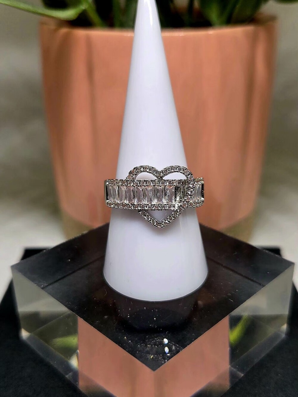 Silver-Tone Clear CZ Intertwined Heart Baguette Statement Ring
